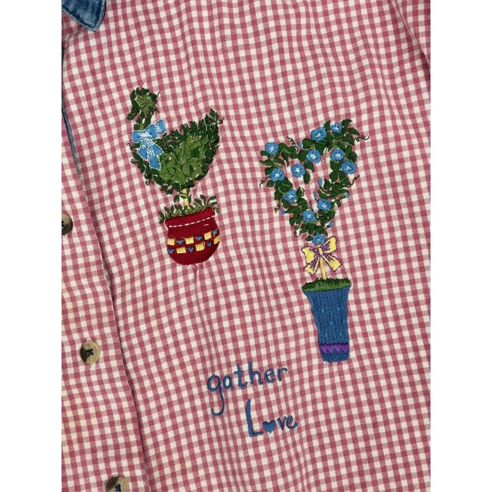 Quaker Factory Long Sleeve Shirt Size 1X‎ Cotton Gingham Gardening Embroidered